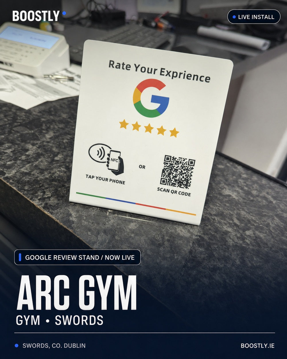 Boostly Google Review stand at ARC Gym Swords