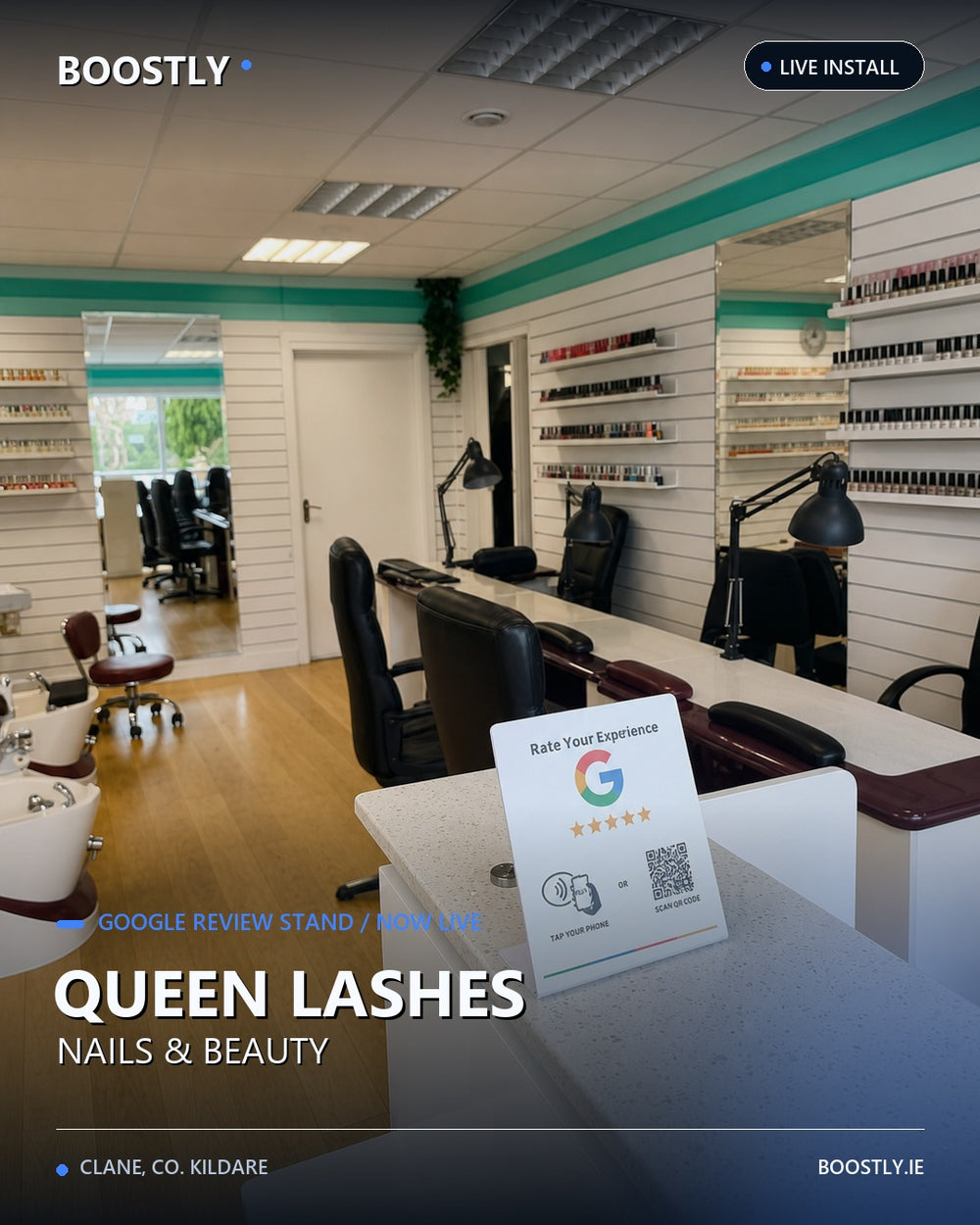 Boostly review stand installed at Queen Lashes Nails and Beauty