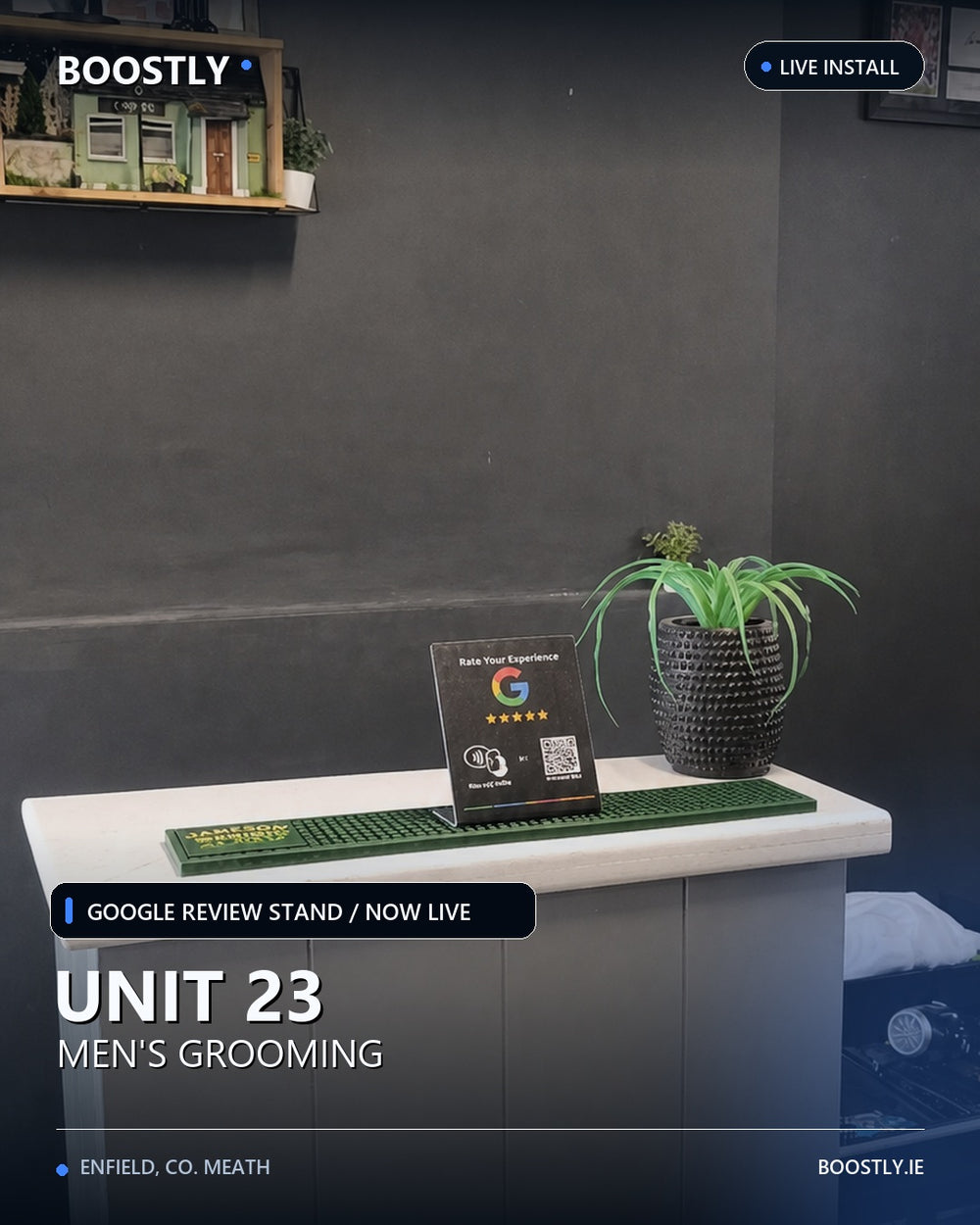 Boostly review stand installed at Unit 23 Men's Grooming