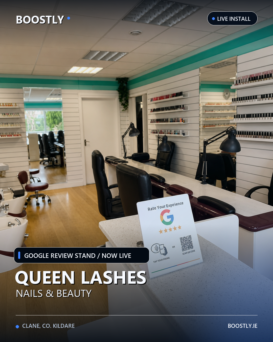 Boostly Google Review NFC and QR stand at Queen Lashes Nails and Beauty in Clane